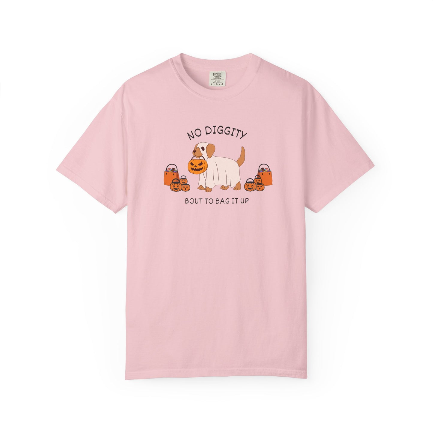 No Diggity Dog T-Shirt — Cute Puppy with Pumpkins "Bout to Bag It Up"