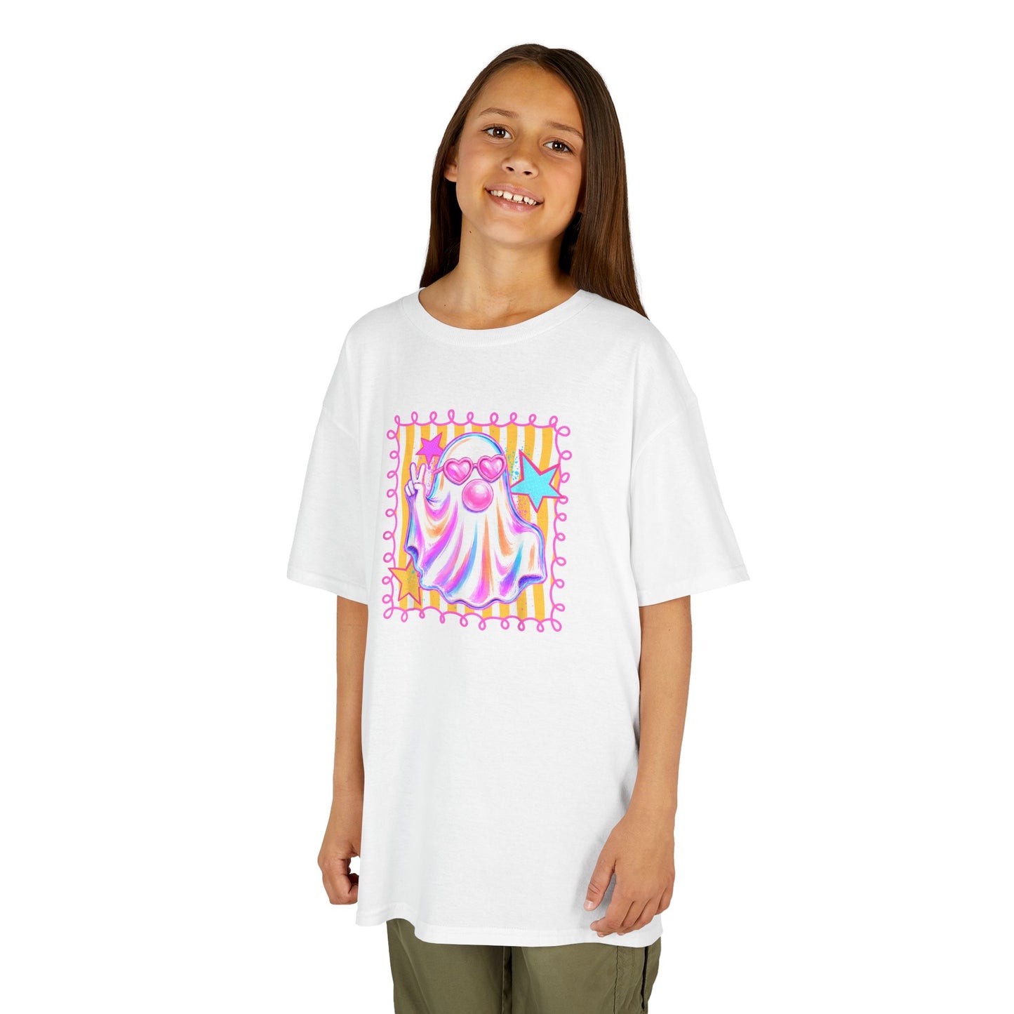 Kids Ghost Stamp Tee — Cute Pastel Halloween Graphic Shirt