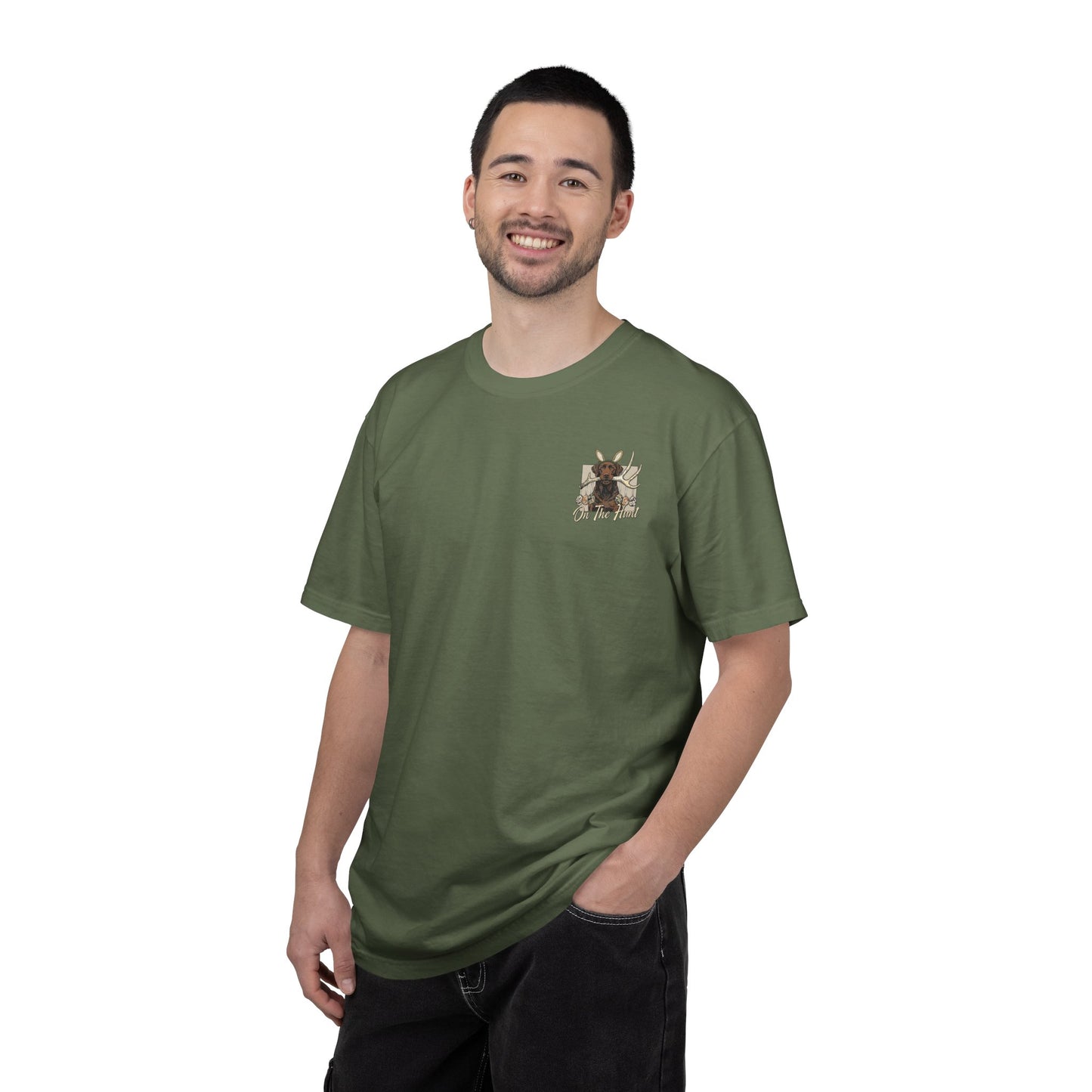 Landon's Easter Brown Lab Hunting Dog Graphic T-Shirt — "On The Hunt" Retro Antler Design