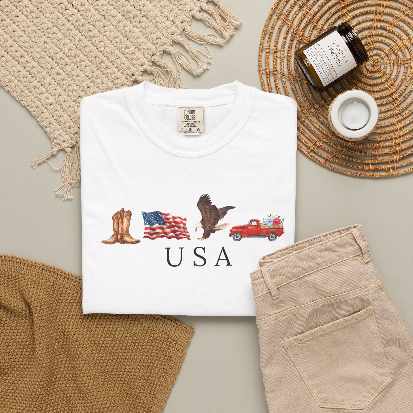 USA Americana Graphic T-Shirt — Boots, Flag, Eagle & Truck Design