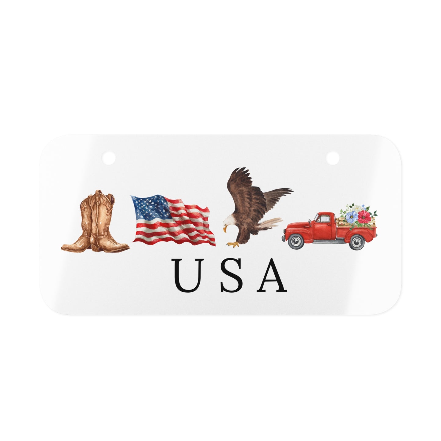 Patriotic USA Mini License Plate — Boots, Flag, Eagle & Red Truck Accent