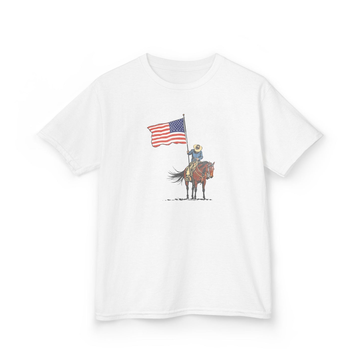 Kids Tee — Cowboy on Horse Holding American Flag (Patriotic Western Shirt)