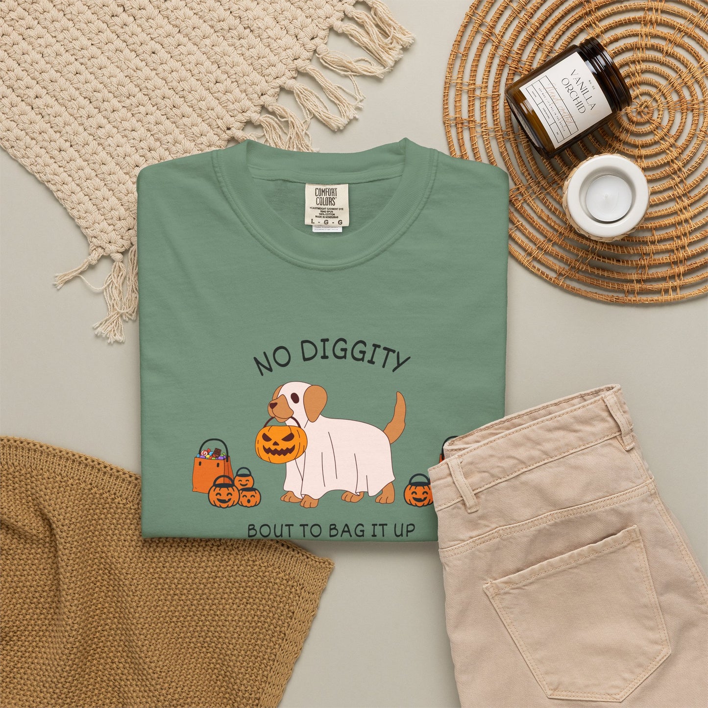 No Diggity Dog T-Shirt — Cute Puppy with Pumpkins "Bout to Bag It Up"