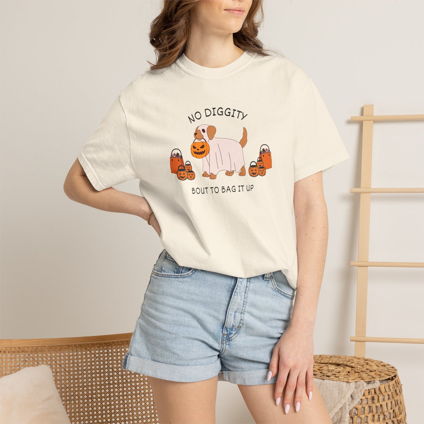 No Diggity Dog T-Shirt — Cute Puppy with Pumpkins "Bout to Bag It Up"