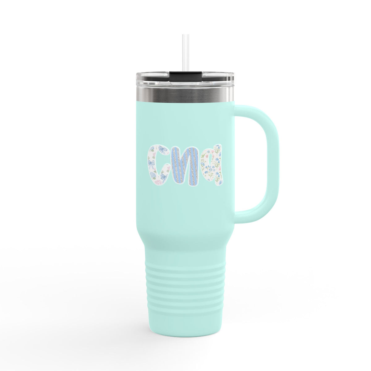 40oz Insulated Travel Mug — Floral Monogram 'CNA' Tumbler with Handle (Keeps Drinks Hot & Cold)
