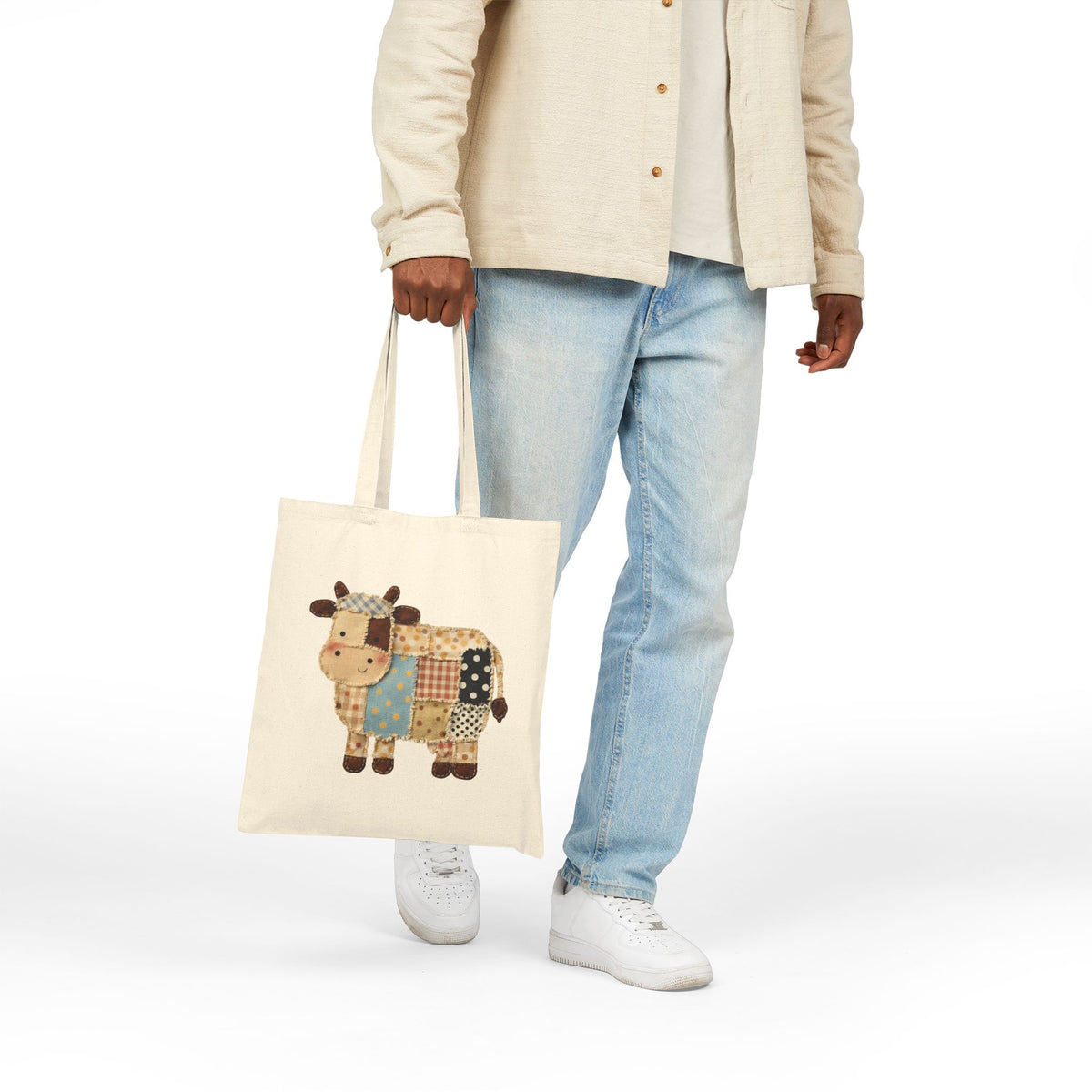 Patchwork Cow Print Cotton Tote Bag — Cute Farm Animal Grocery & Market Bag