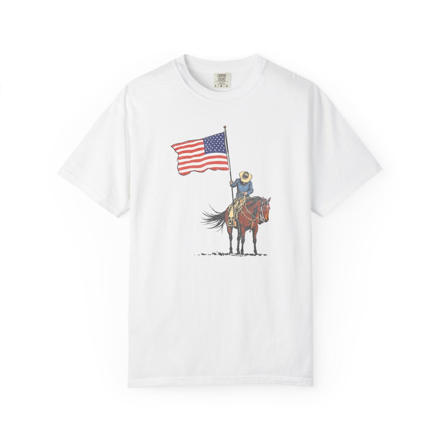 Patriotic Cowboy on Horse T-Shirt – American Flag Western Tee