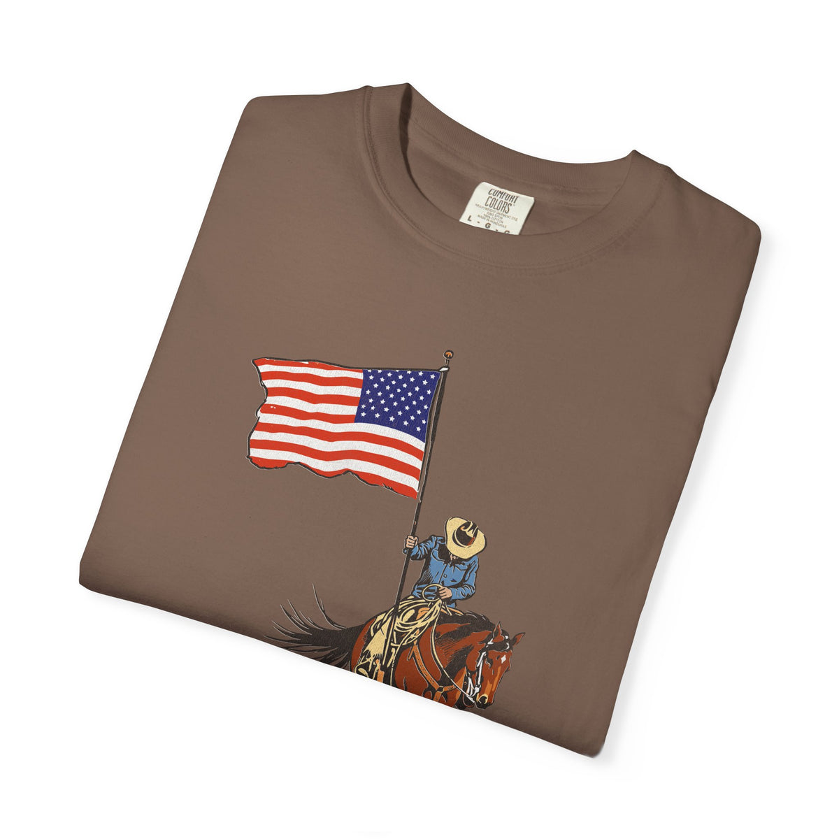 Patriotic Cowboy on Horse T-Shirt – American Flag Western Tee