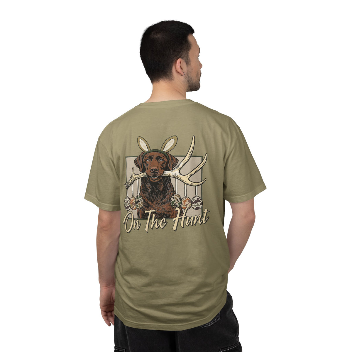 Landon's Easter Brown Lab Hunting Dog Graphic T-Shirt — "On The Hunt" Retro Antler Design
