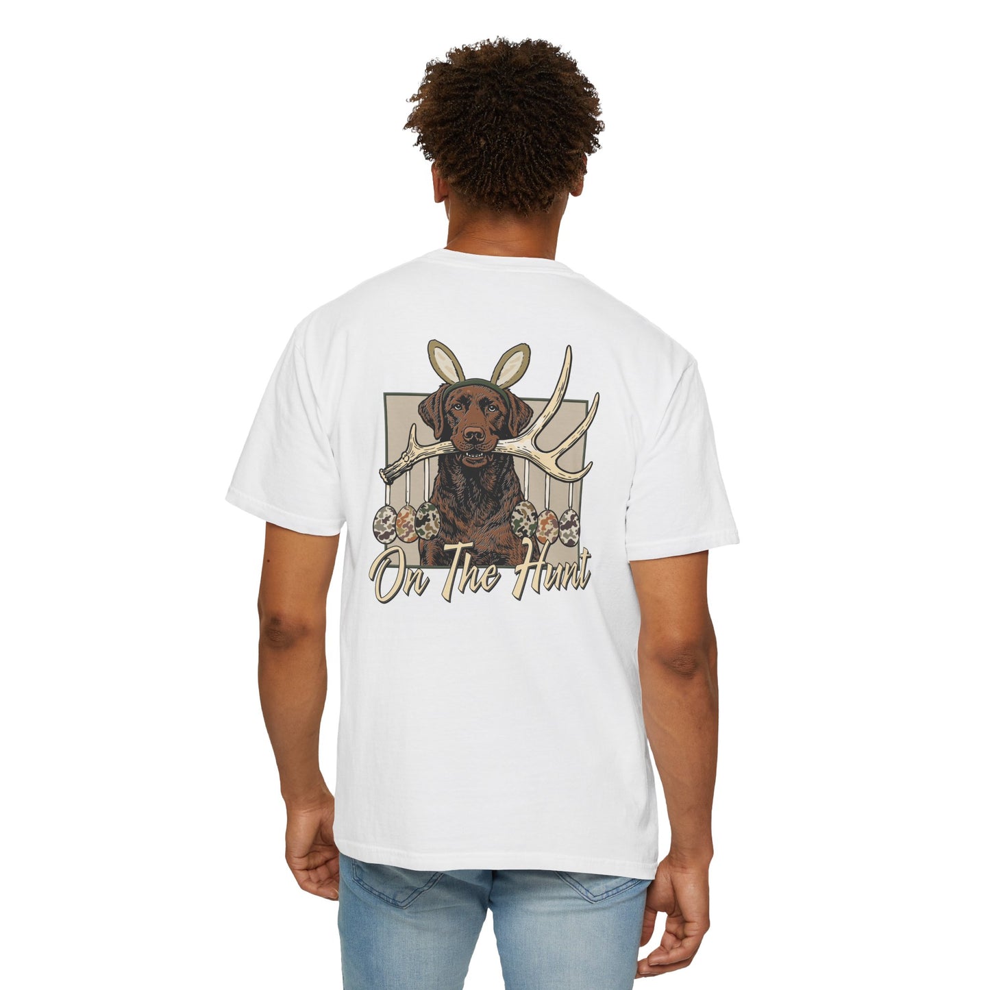 Landon's Easter Brown Lab Hunting Dog Graphic T-Shirt — "On The Hunt" Retro Antler Design