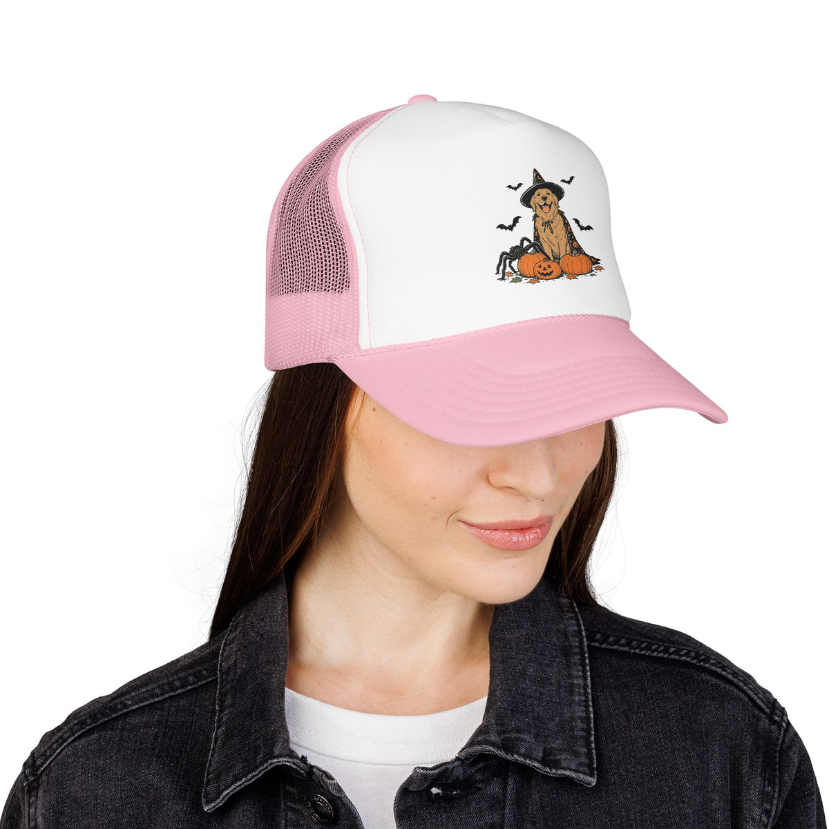 Dog Halloween Trucker Hat — Golden Retriever with Pumpkins & Bats