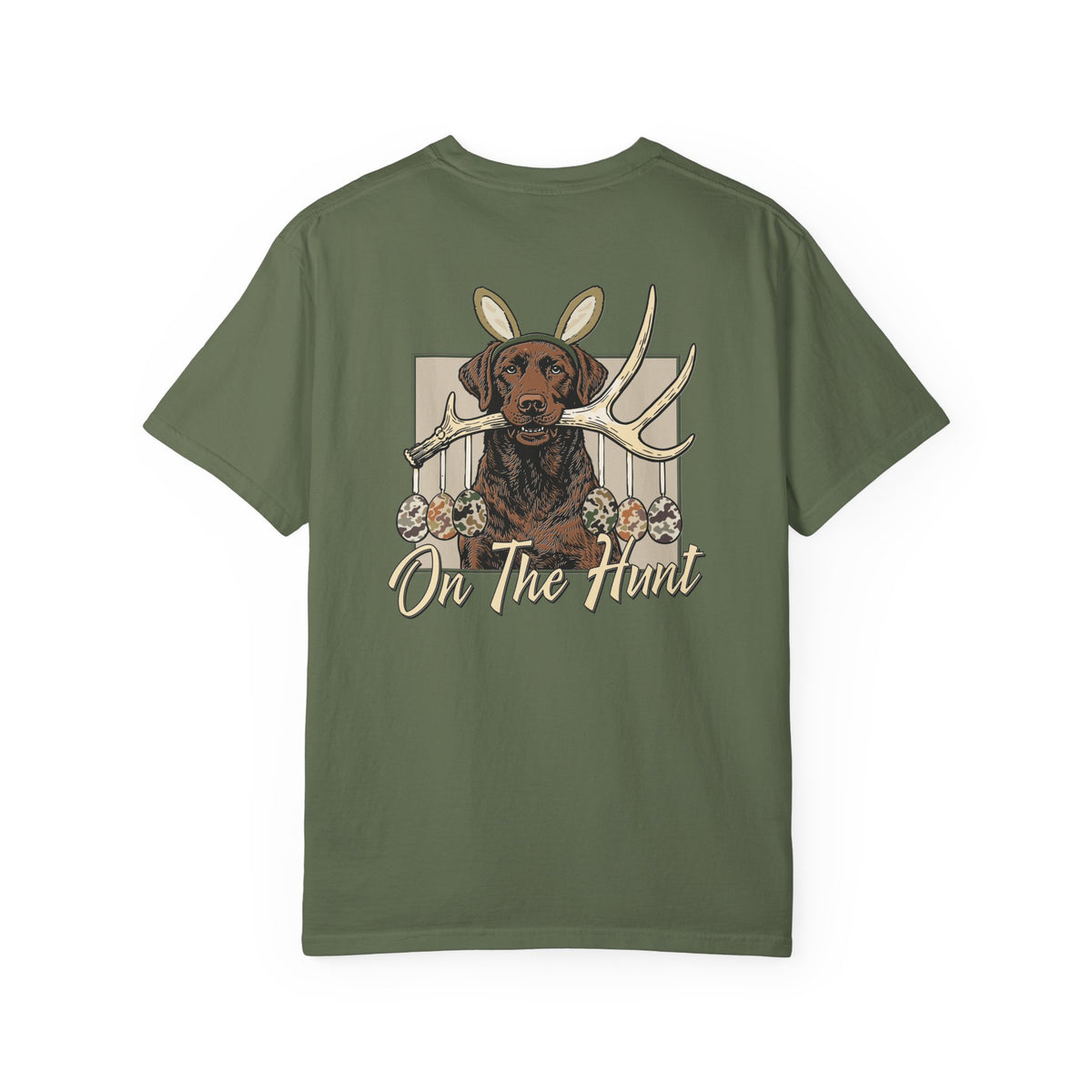 Landon's Easter Brown Lab Hunting Dog Graphic T-Shirt — "On The Hunt" Retro Antler Design