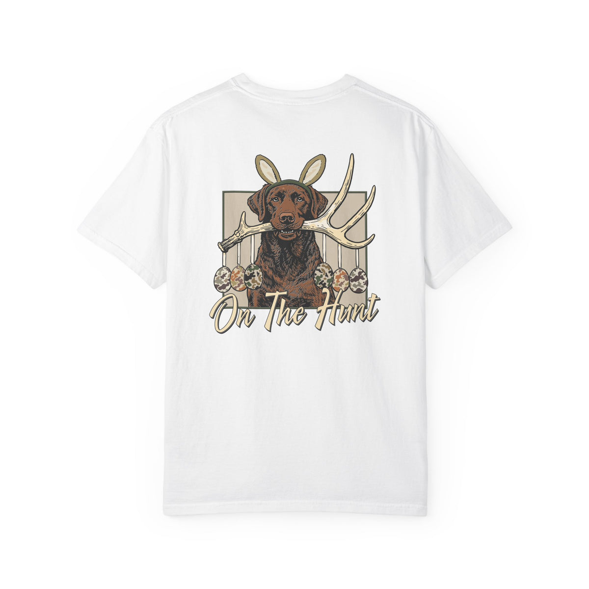 Landon's Easter Brown Lab Hunting Dog Graphic T-Shirt — "On The Hunt" Retro Antler Design