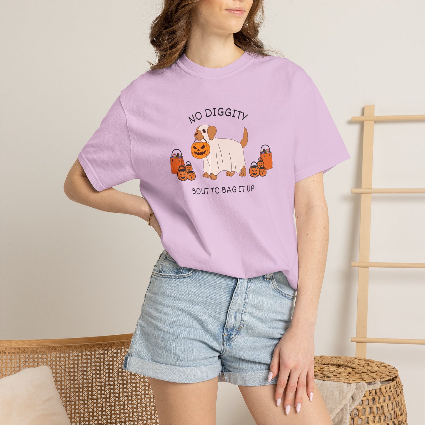 No Diggity Dog T-Shirt — Cute Puppy with Pumpkins "Bout to Bag It Up"
