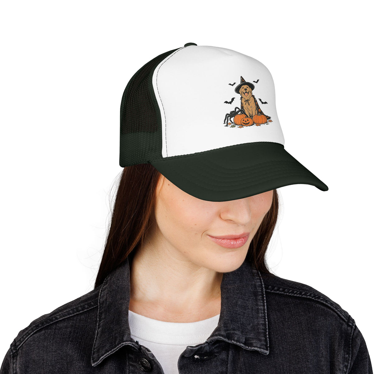 Dog Halloween Trucker Hat — Golden Retriever with Pumpkins & Bats