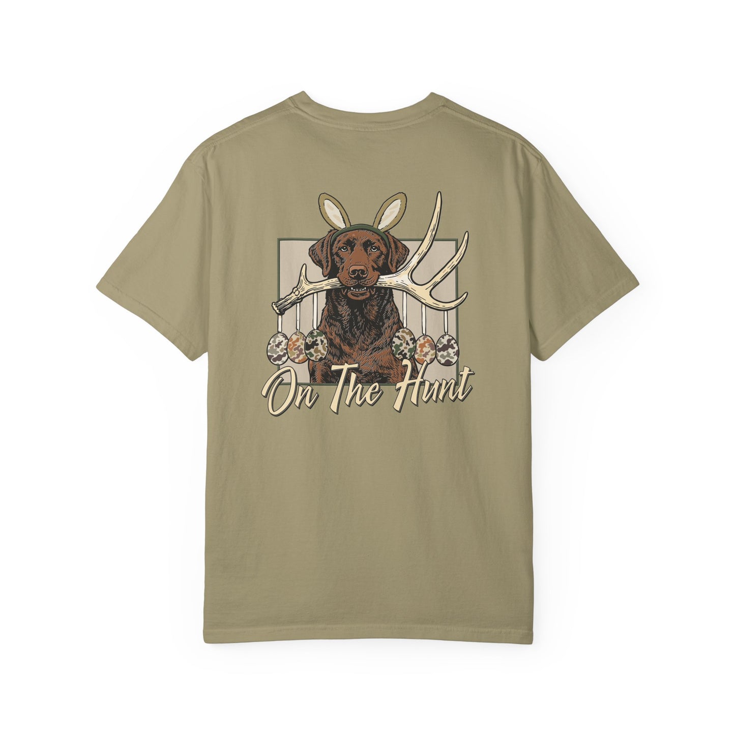 Landon's Easter Brown Lab Hunting Dog Graphic T-Shirt — "On The Hunt" Retro Antler Design