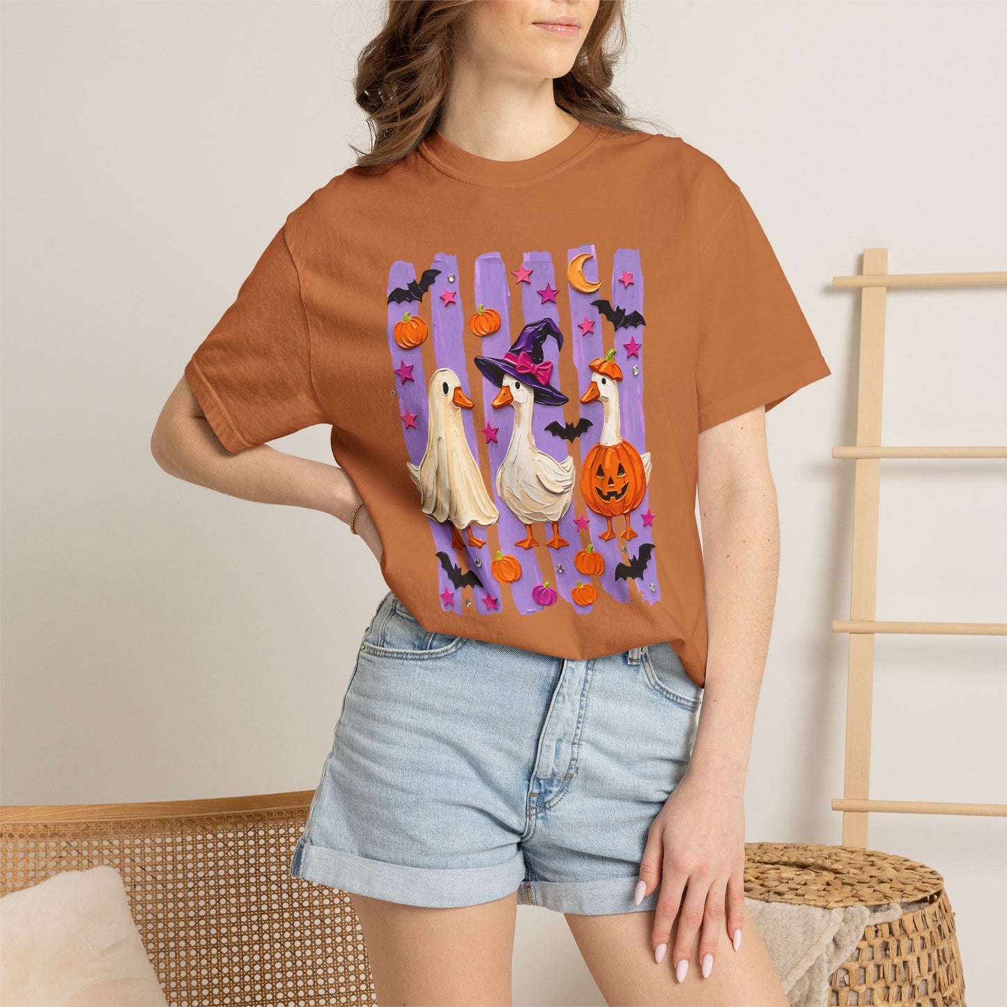 Halloween Goose T-Shirt — Cute Ghosts, Witch Hat & Pumpkin Design