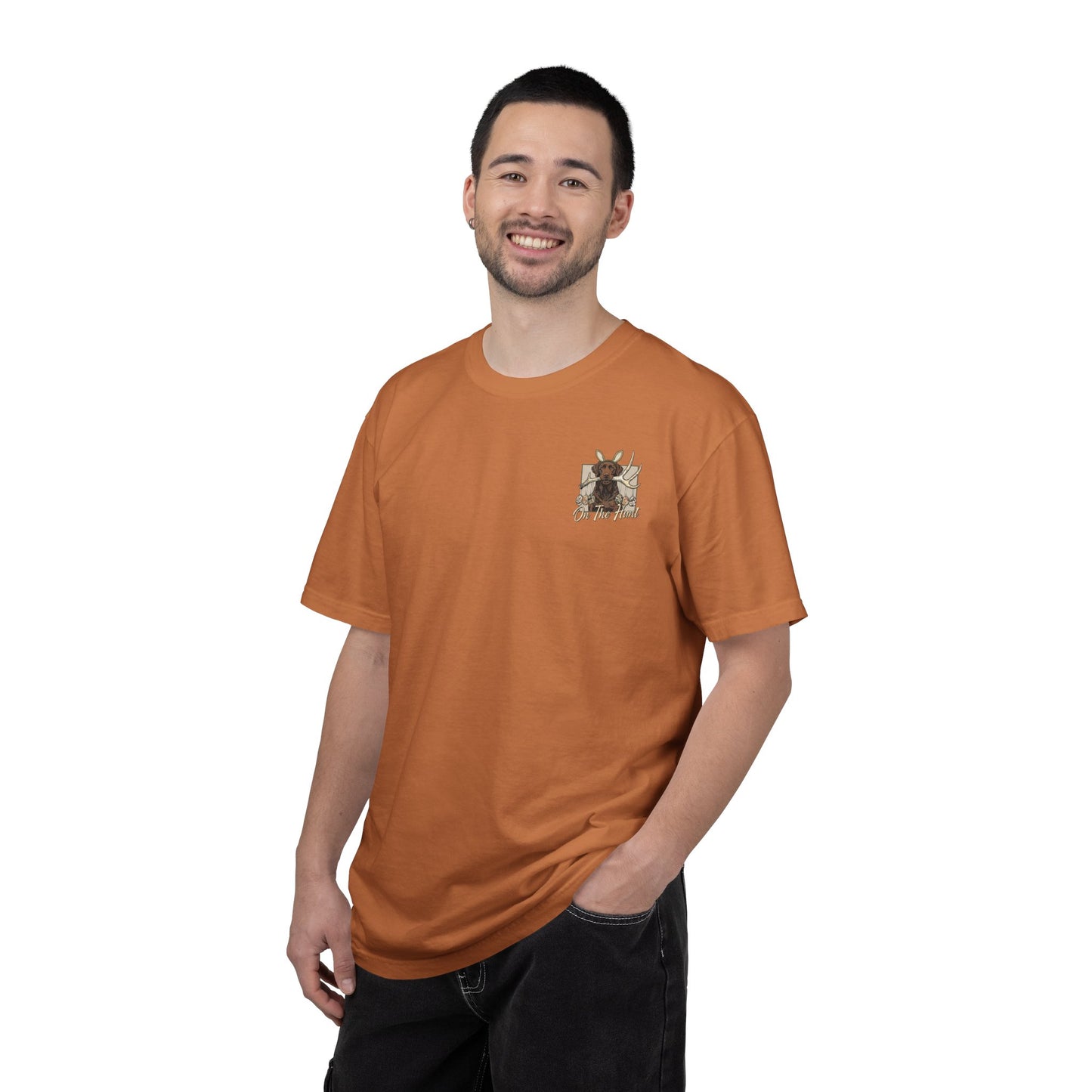 Landon's Easter Brown Lab Hunting Dog Graphic T-Shirt — "On The Hunt" Retro Antler Design