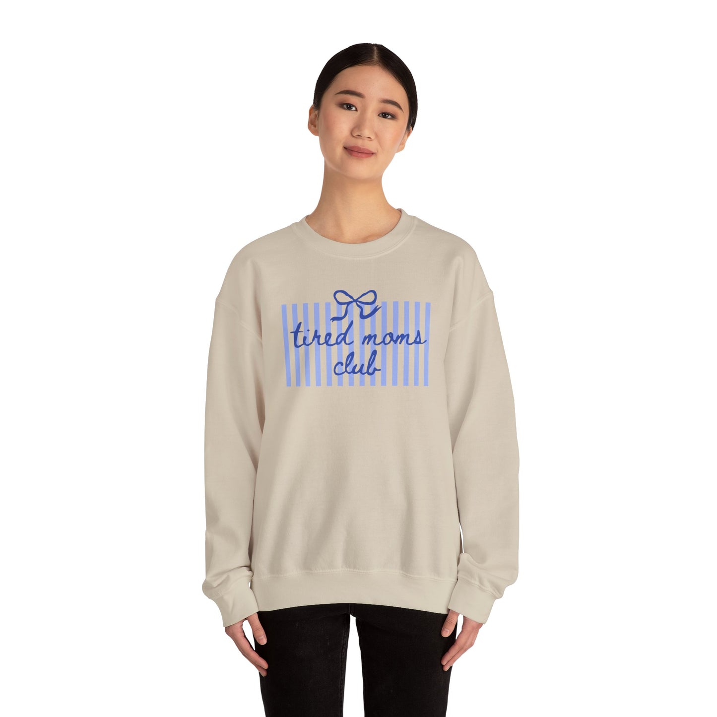 Crewneck Sweatshirt — "Tired Moms Club" Blue Striped Cozy Pullover