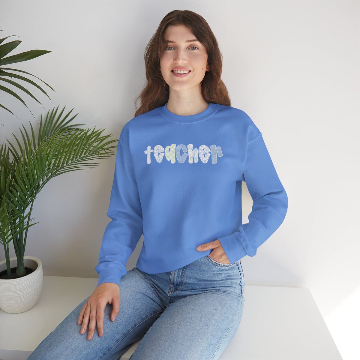 Teacher Floral Crewneck Sweatshirt — Pastel Heart & Flower Teacher Gift