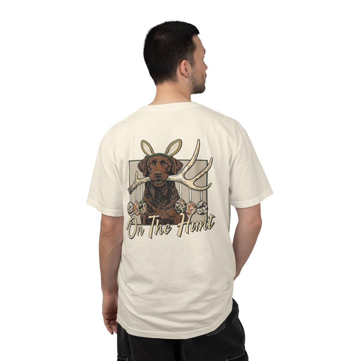 Landon's Easter Brown Lab Hunting Dog Graphic T-Shirt — "On The Hunt" Retro Antler Design