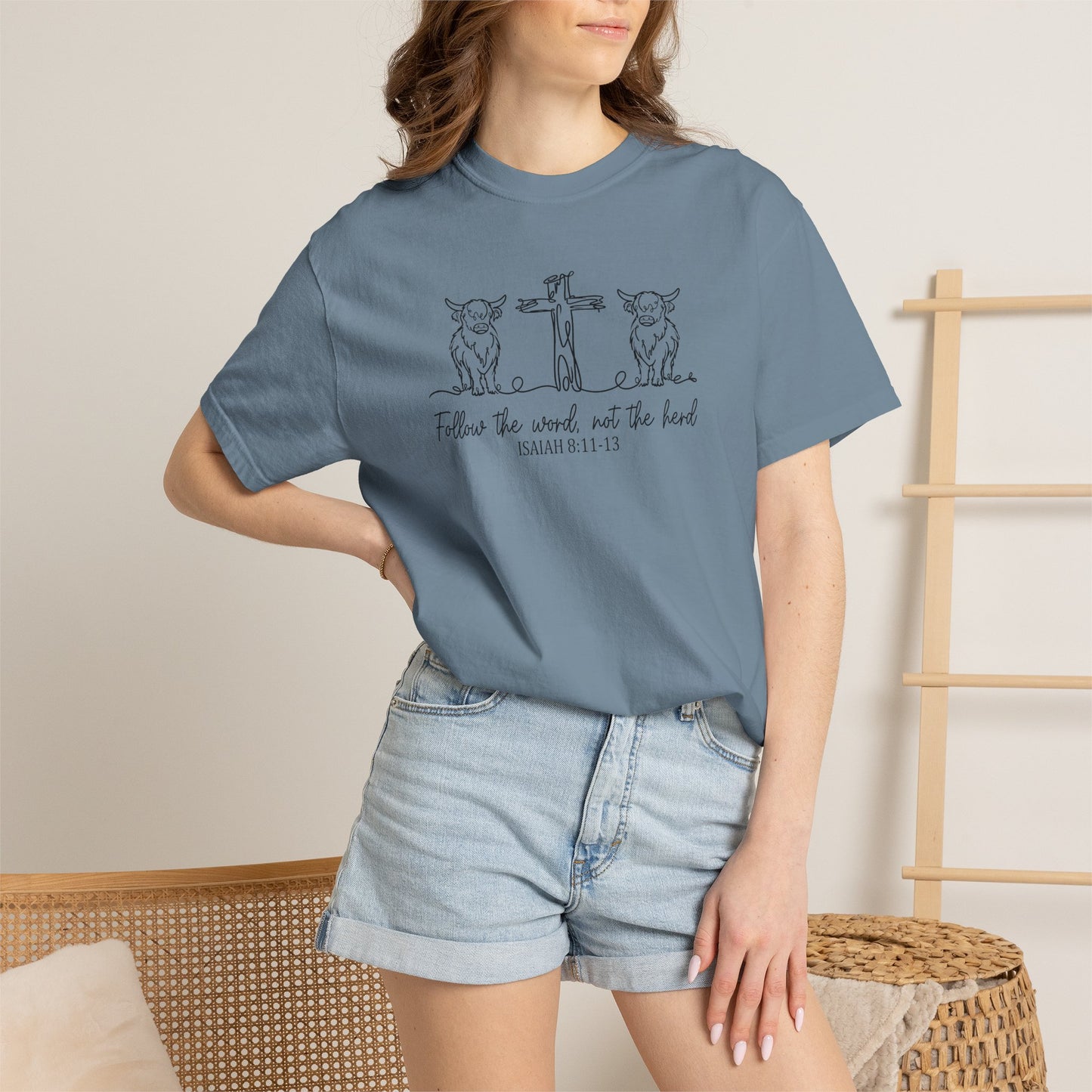 Christian Cross & Cow T-Shirt — "Follow the Word, Not the Herd" Graphic Tee