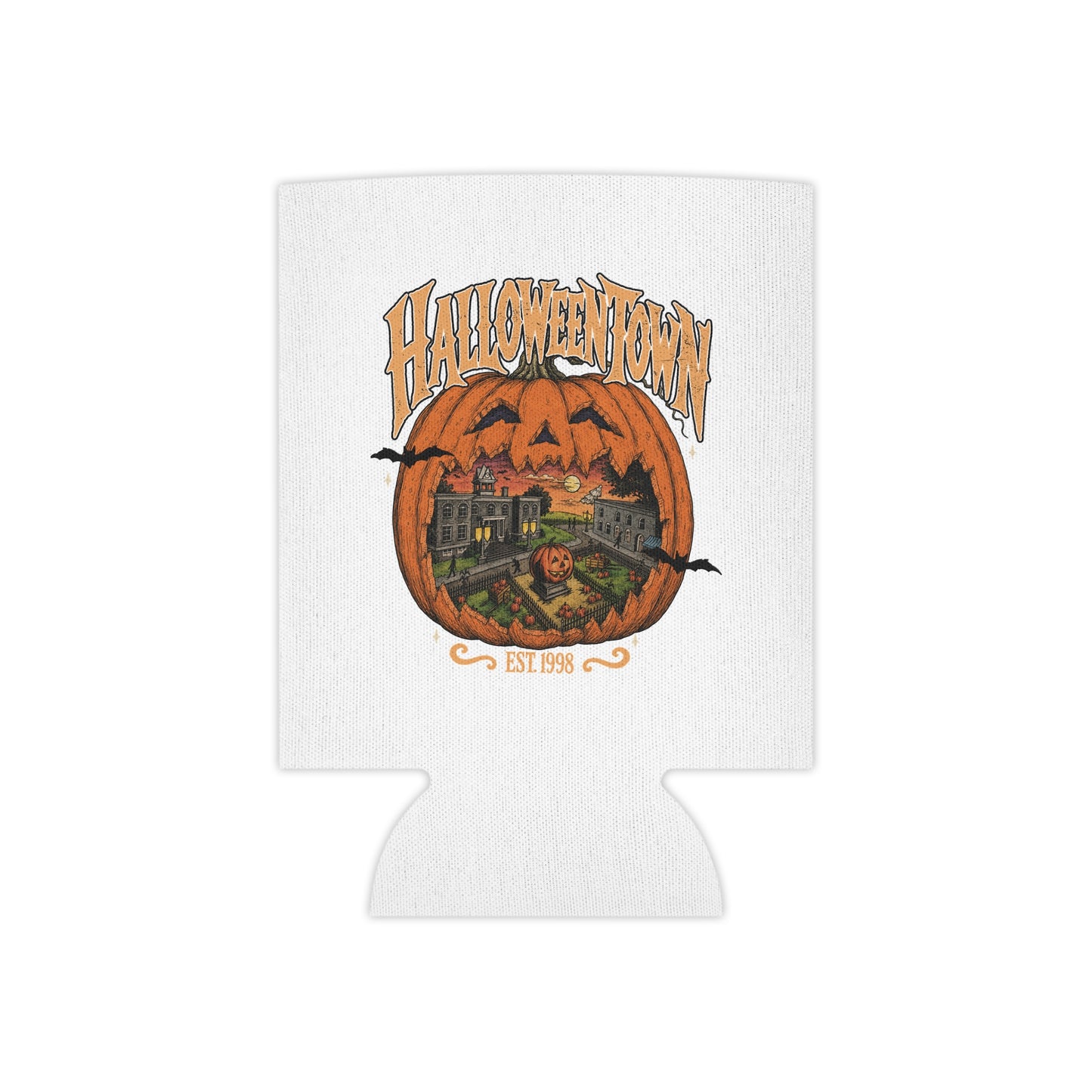Halloween Town Can Cooler – Retro Pumpkin Village Beverage Koozie (Est. 1998)