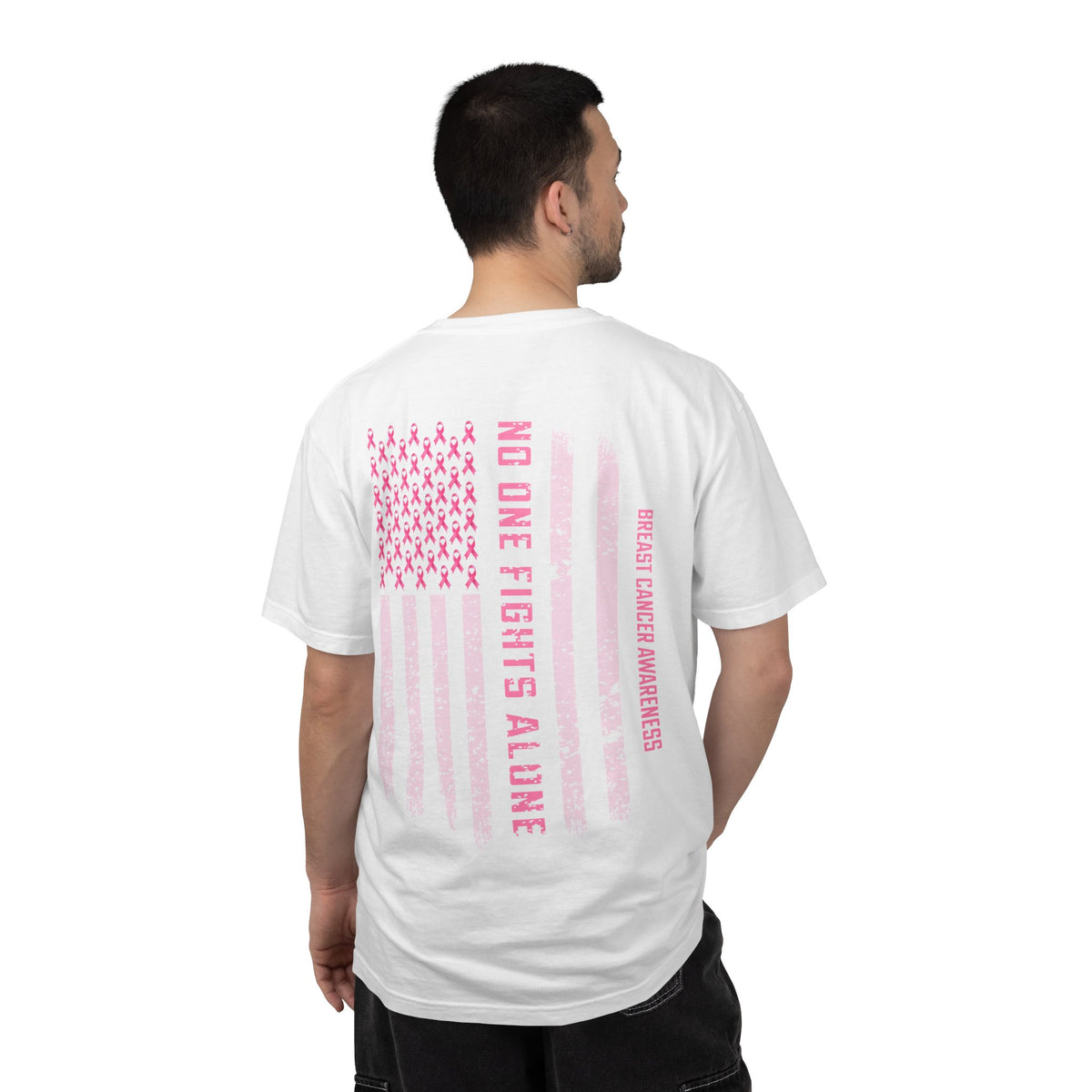 Breast Cancer Awareness T-Shirt — "No One Fights Alone" Flag Tee