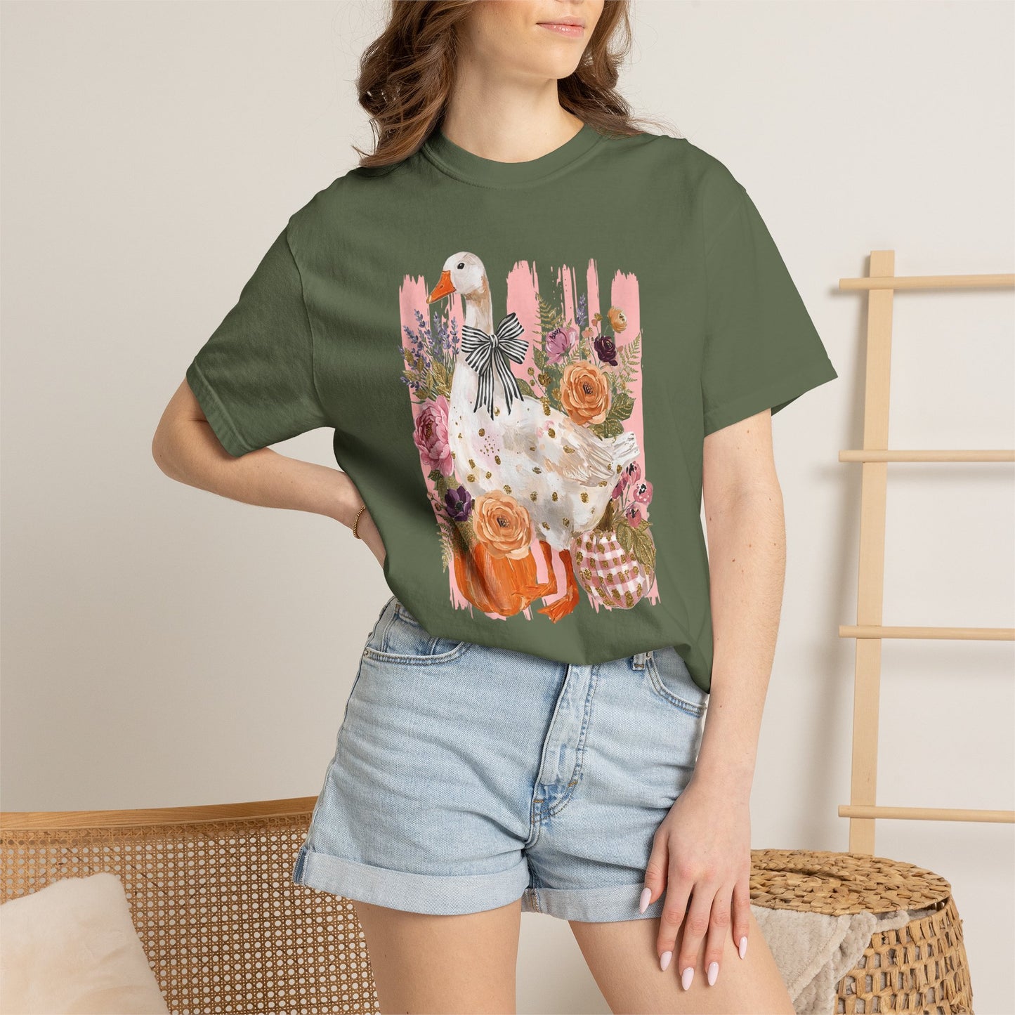 Autumn Farmyard Goose T-Shirt — Pumpkin & Floral Fall Tee