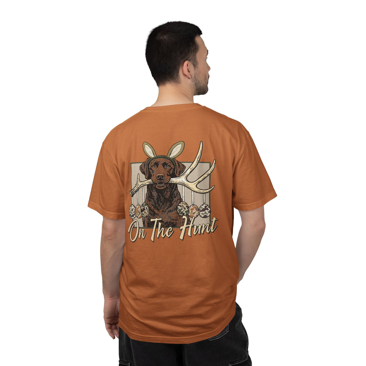 Landon's Easter Brown Lab Hunting Dog Graphic T-Shirt — "On The Hunt" Retro Antler Design
