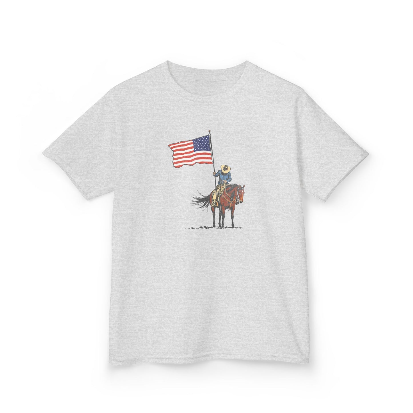 Kids Tee — Cowboy on Horse Holding American Flag (Patriotic Western Shirt)