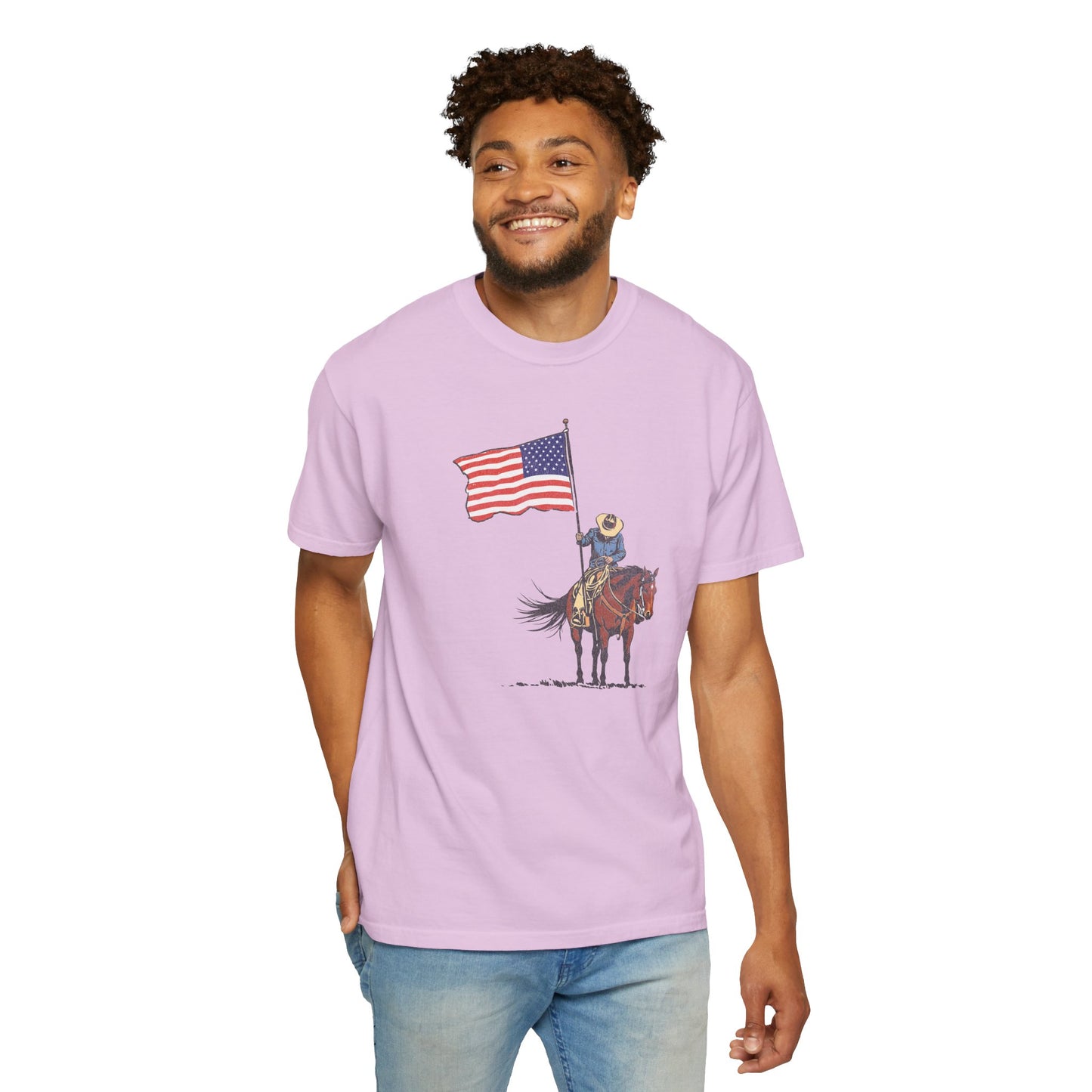 Patriotic Cowboy on Horse T-Shirt – American Flag Western Tee