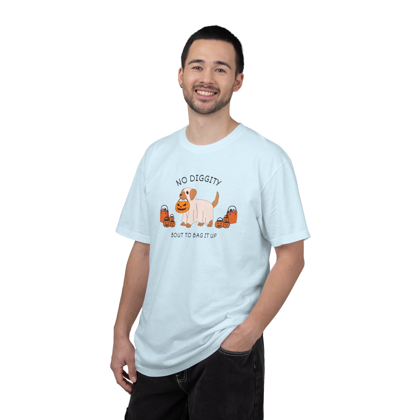 No Diggity Dog T-Shirt — Cute Puppy with Pumpkins "Bout to Bag It Up"