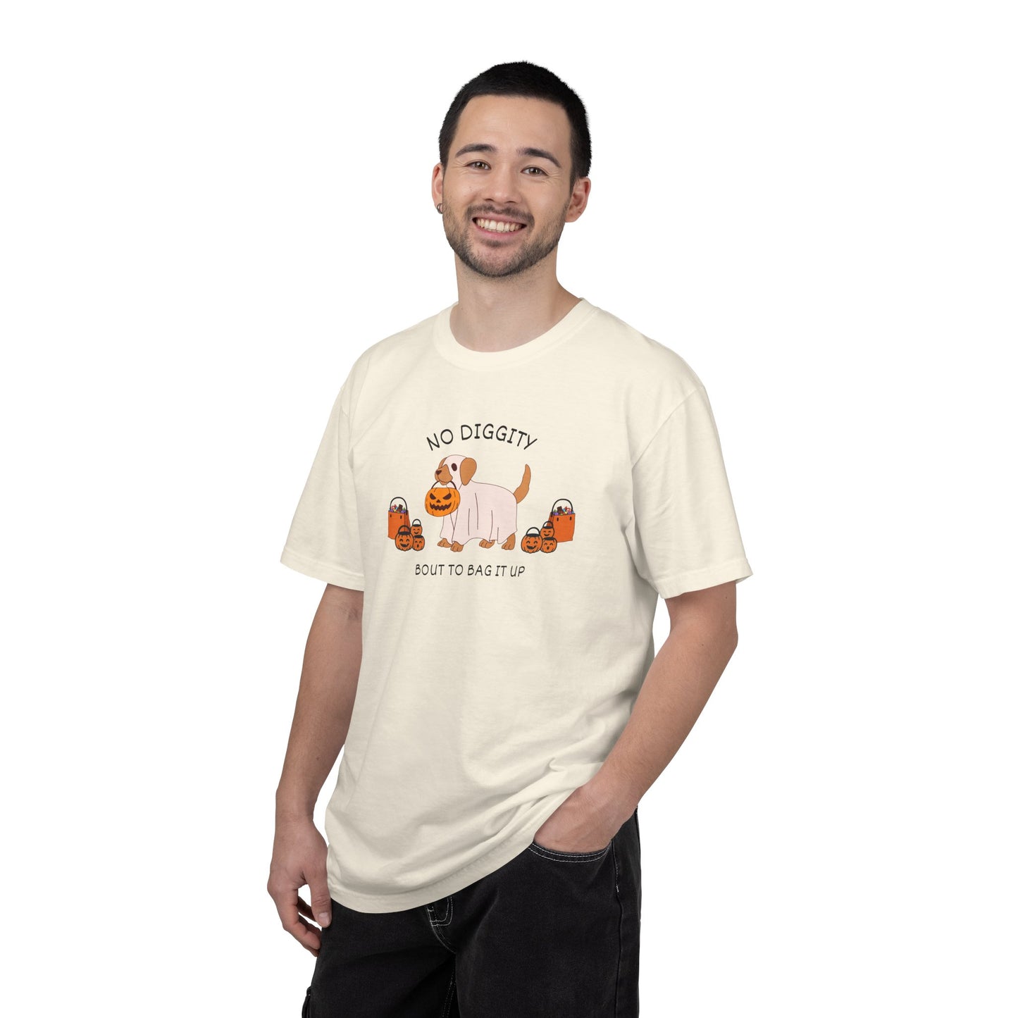 No Diggity Dog T-Shirt — Cute Puppy with Pumpkins "Bout to Bag It Up"