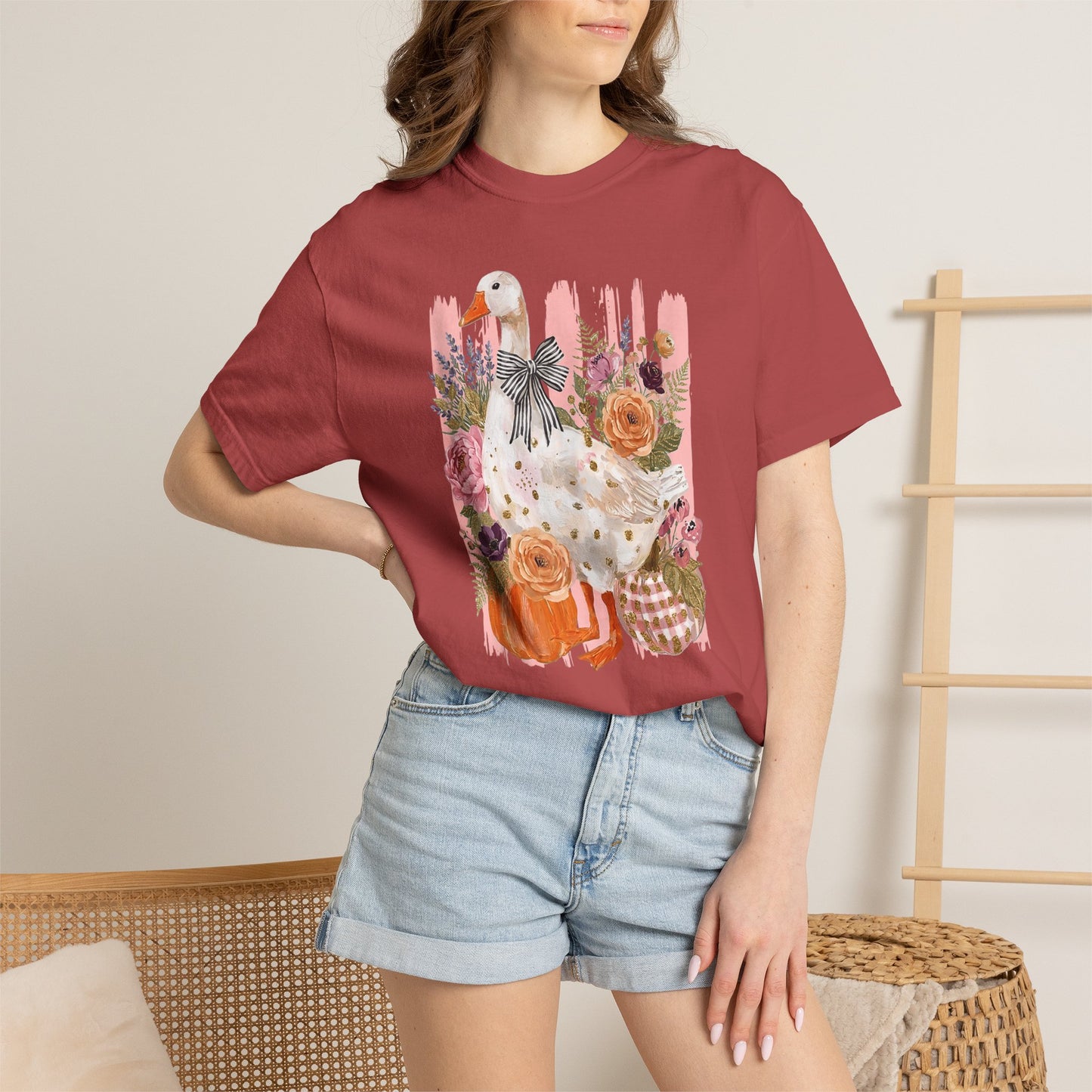 Autumn Farmyard Goose T-Shirt — Pumpkin & Floral Fall Tee