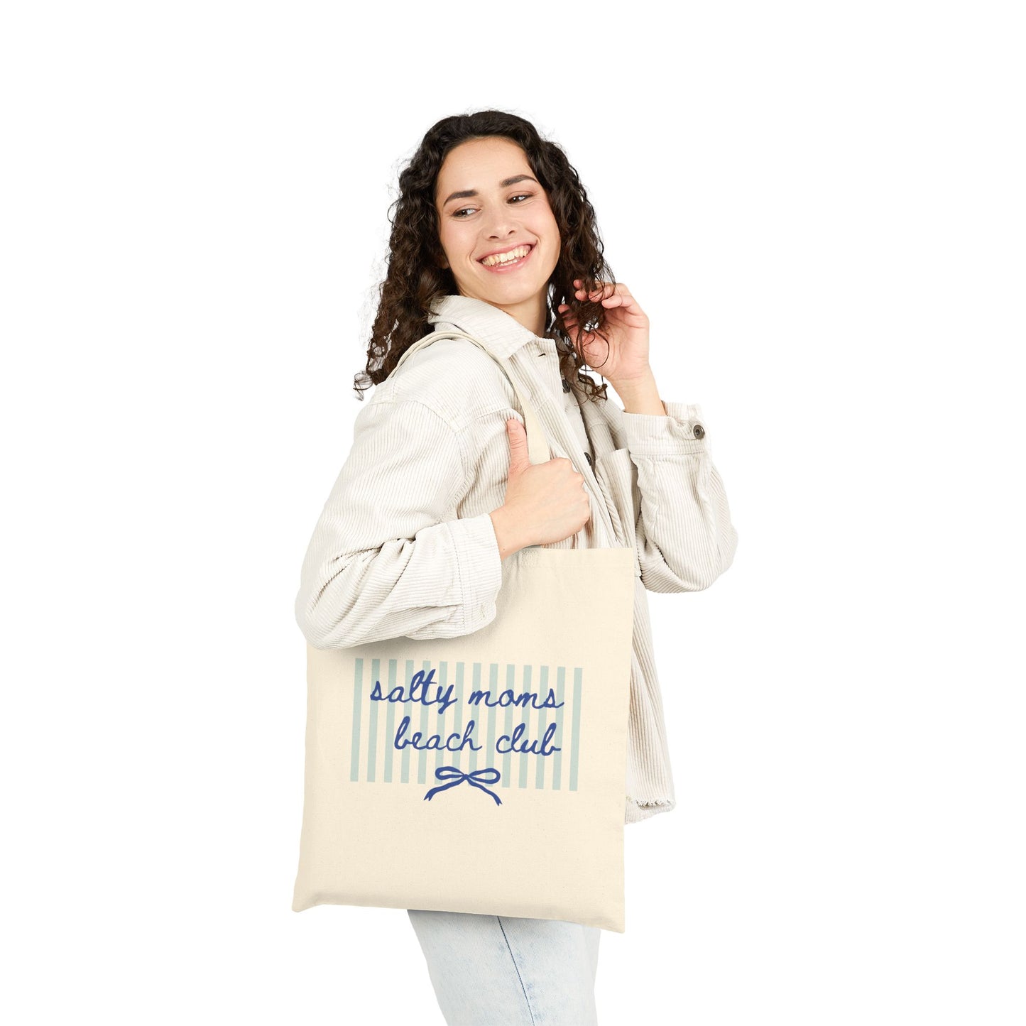 Salty Moms Beach Club Canvas Tote — Nautical Striped Eco Market Bag