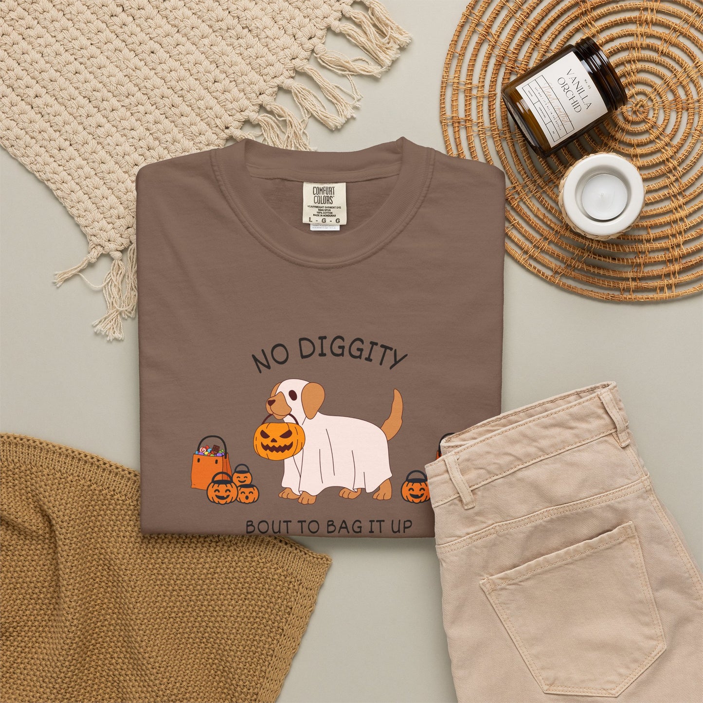 No Diggity Dog T-Shirt — Cute Puppy with Pumpkins "Bout to Bag It Up"