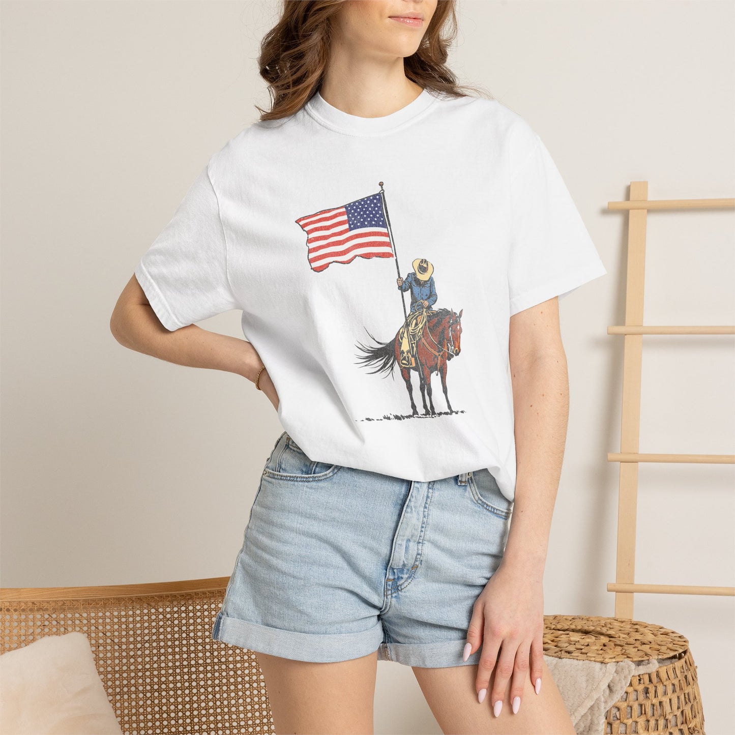 Patriotic Cowboy on Horse T-Shirt – American Flag Western Tee