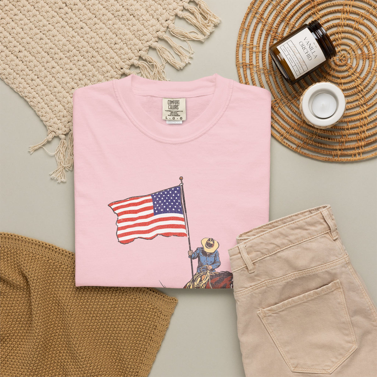 Patriotic Cowboy on Horse T-Shirt – American Flag Western Tee