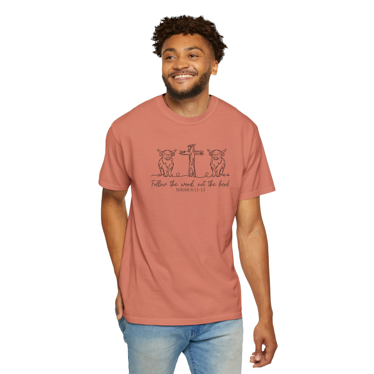 Christian Cross & Cow T-Shirt — "Follow the Word, Not the Herd" Graphic Tee