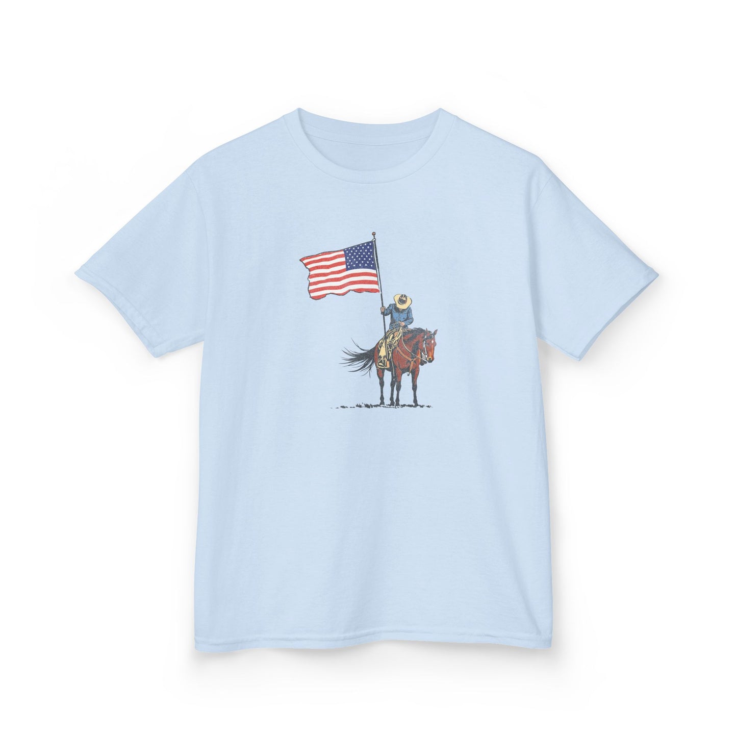 Kids Tee — Cowboy on Horse Holding American Flag (Patriotic Western Shirt)