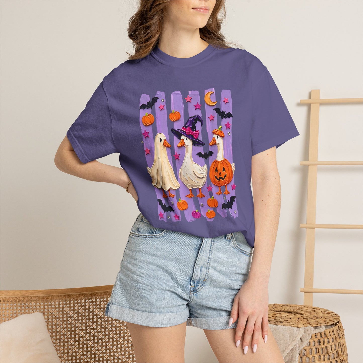 Halloween Goose T-Shirt — Cute Ghosts, Witch Hat & Pumpkin Design