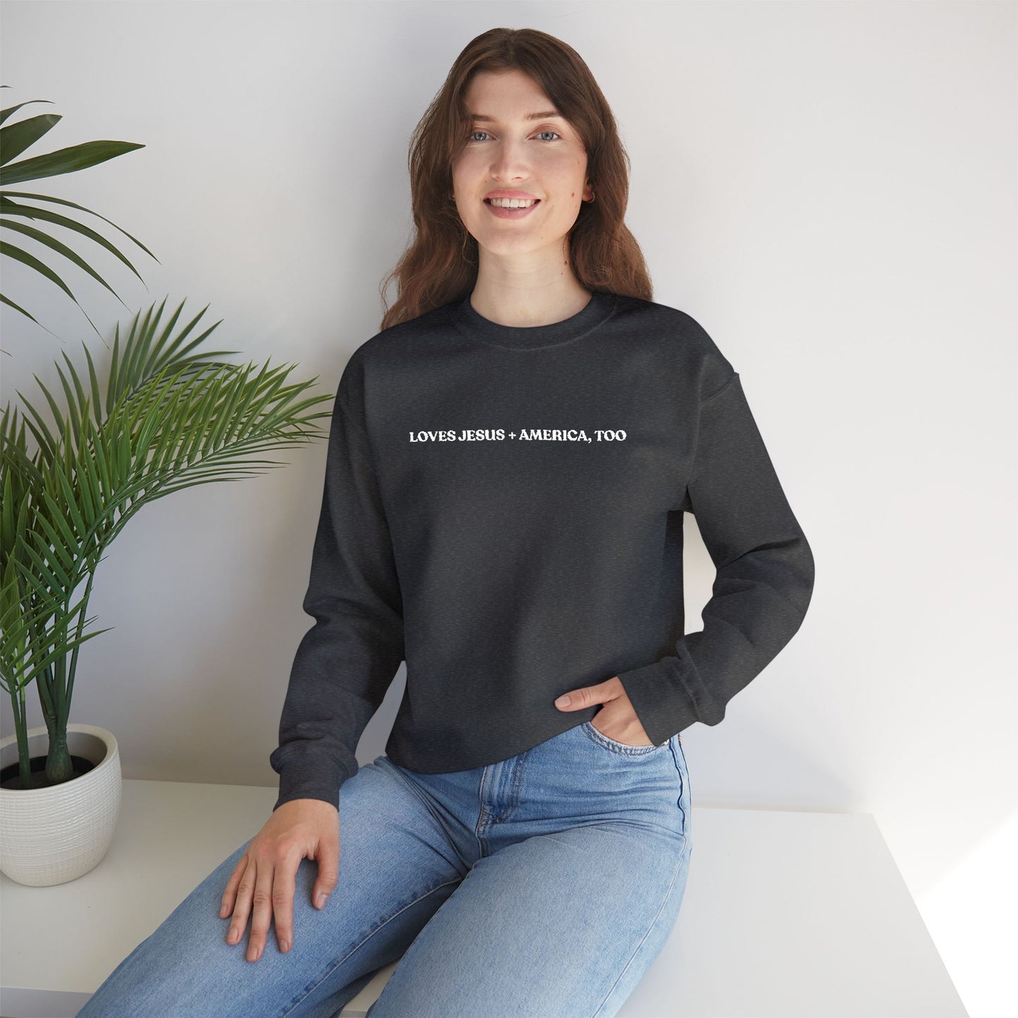 Crewneck Sweatshirt - Minimal White Script "Loves Jesus + America, Too" Embroidered Cozy Casual Pullover