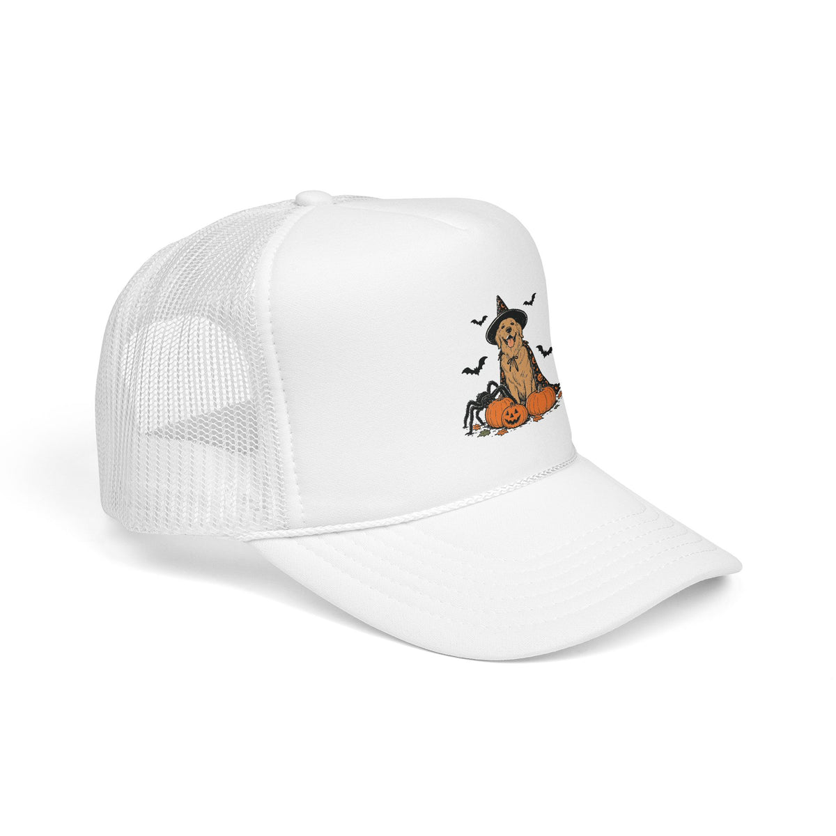 Dog Halloween Trucker Hat — Golden Retriever with Pumpkins & Bats