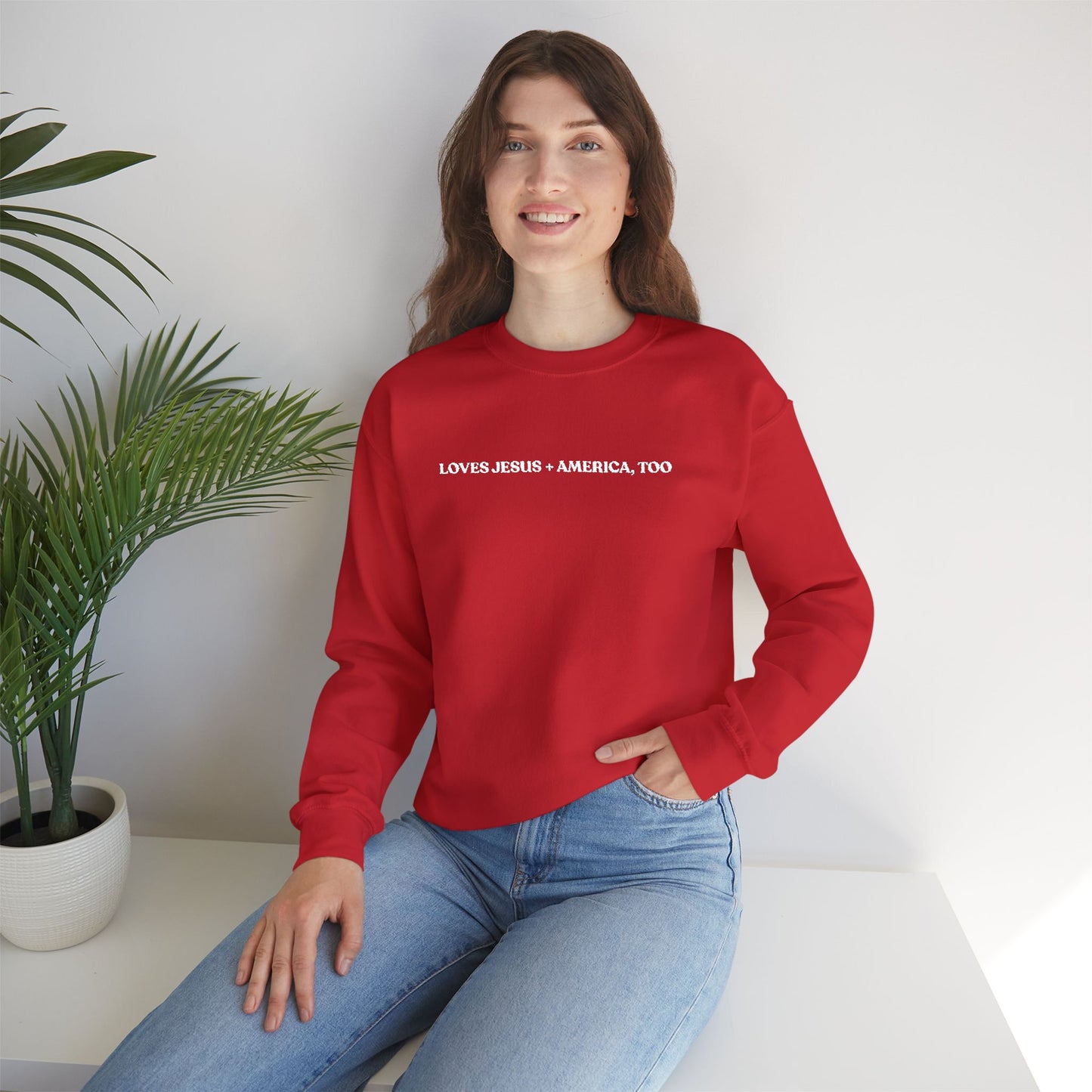 Crewneck Sweatshirt - Minimal White Script "Loves Jesus + America, Too" Embroidered Cozy Casual Pullover