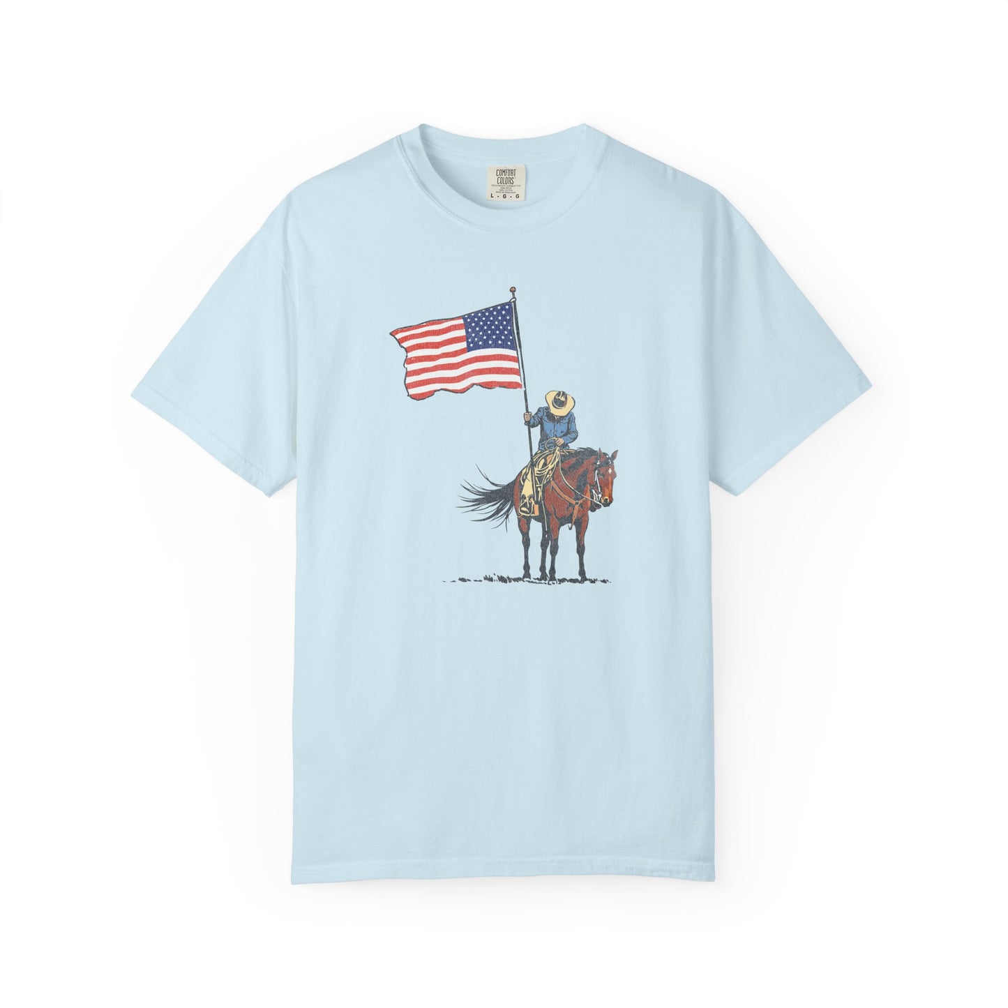 Patriotic Cowboy on Horse T-Shirt – American Flag Western Tee