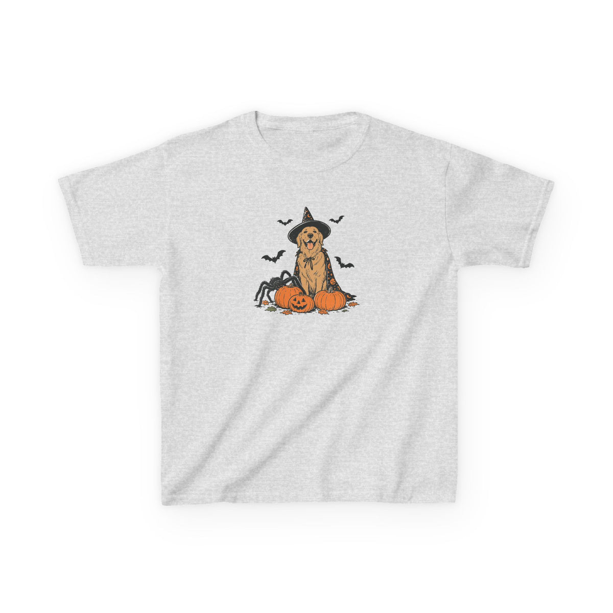 Kids Halloween Witch Tee – Cute Witch Dog with Pumpkins Kids T-Shirt