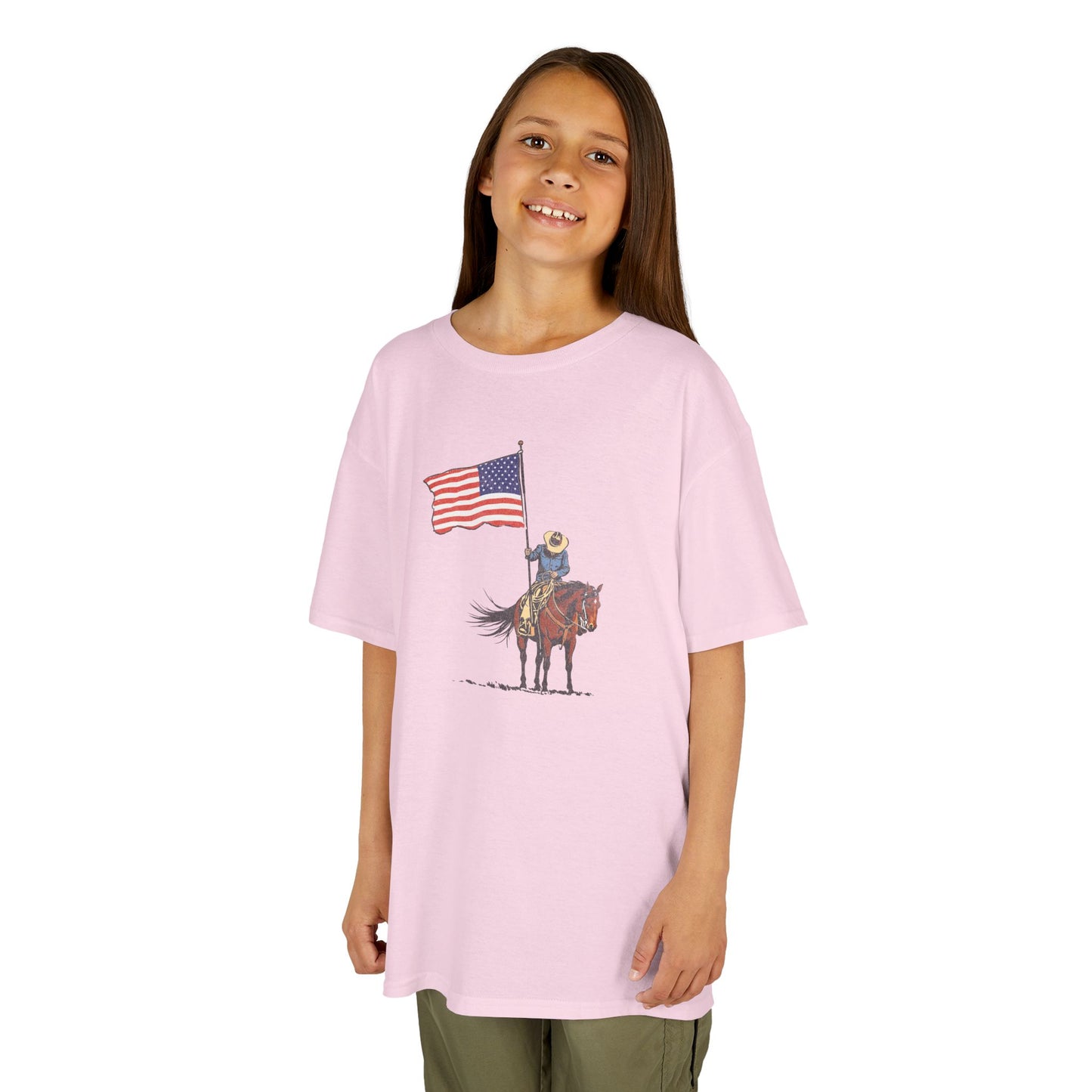 Kids Tee — Cowboy on Horse Holding American Flag (Patriotic Western Shirt)