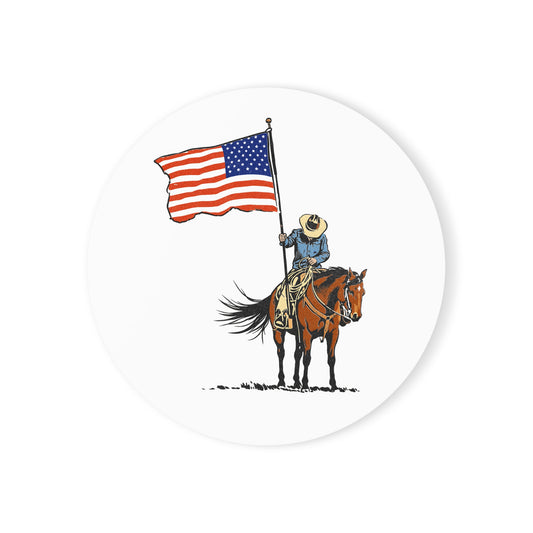 Patriotic Cowboy Coaster — American Flag Horse & Rider Cork Back