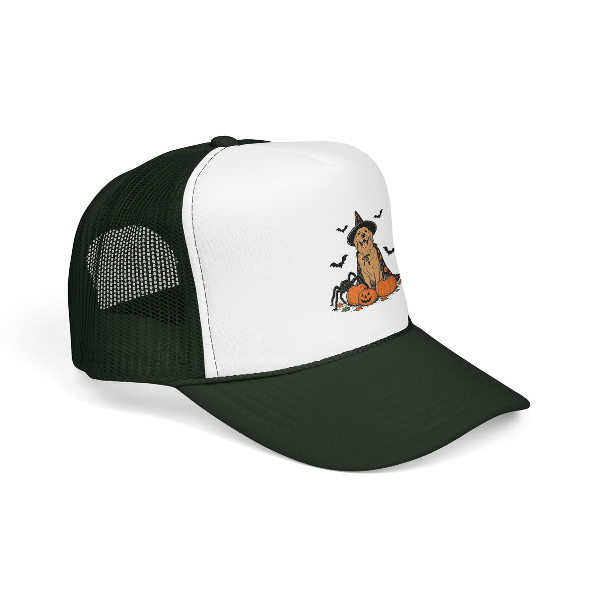 Dog Halloween Trucker Hat — Golden Retriever with Pumpkins & Bats